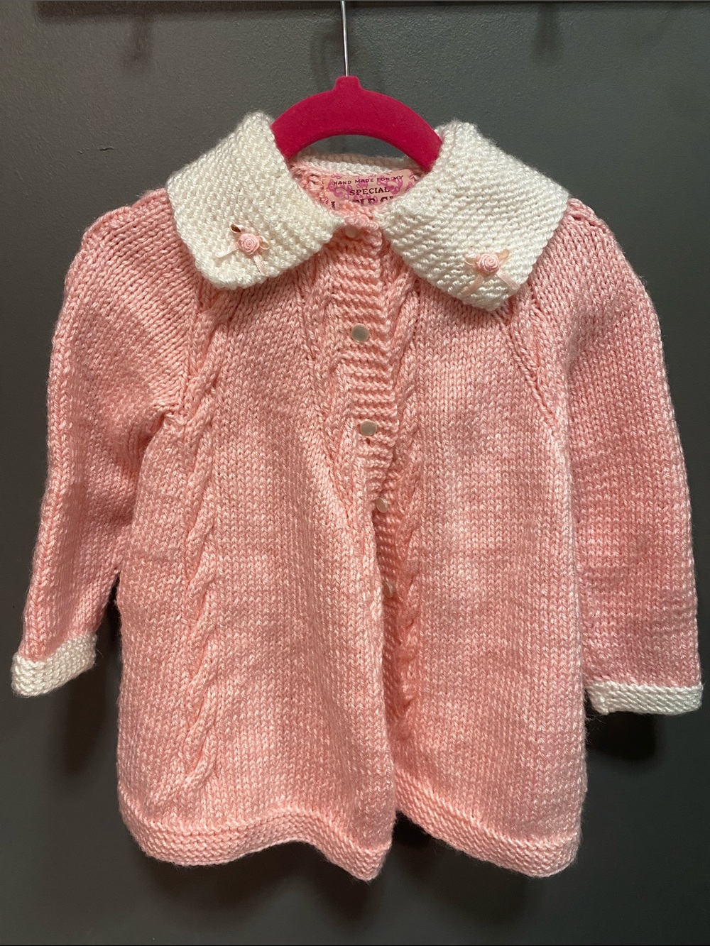 Girls Pink Knit Cardigan with white Peter Pan Collar hand made